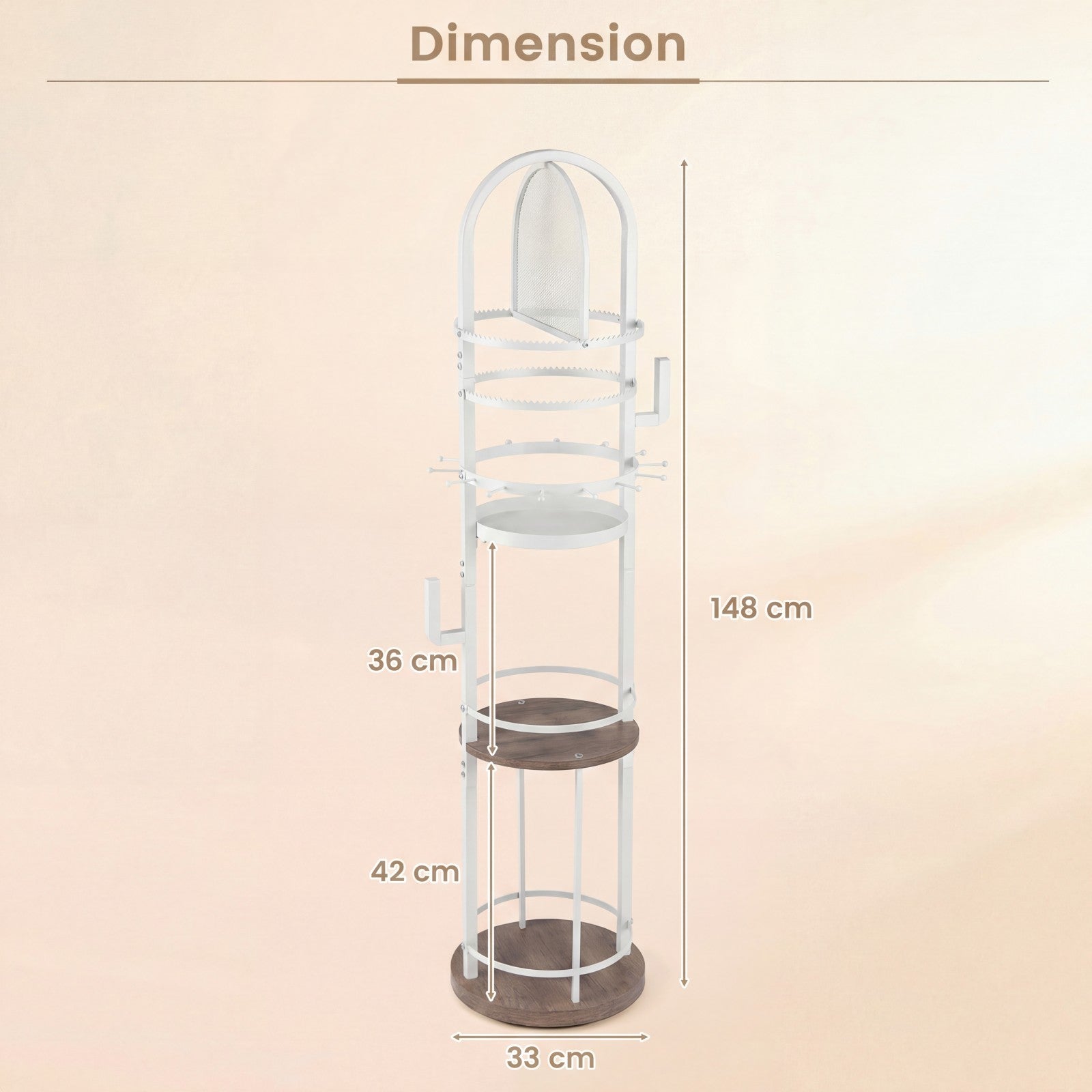 Support de Bijoux sur Pied Rotatif à 360° , Présentoir à Bijoux avec Porte-Boucles d'Oreilles, Colliers et 3 Étagères, Arbre de Rangement, Gris - 6