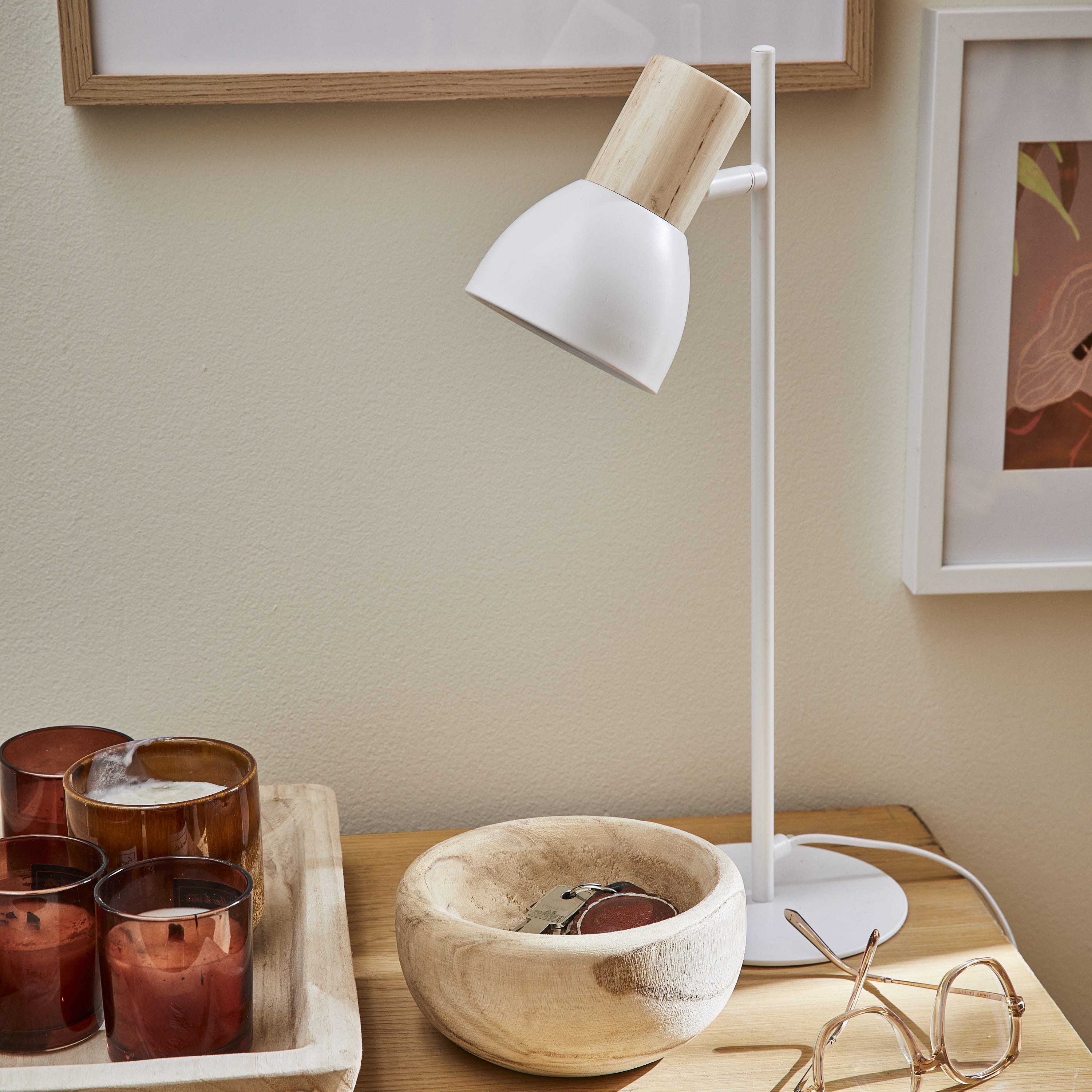 INSPIRE - Lampă de masă VENOSA - 1 x E14 15W - Lemn natural - Metal alb - Î. 45 x L. 24 cm - Ø 10 cm