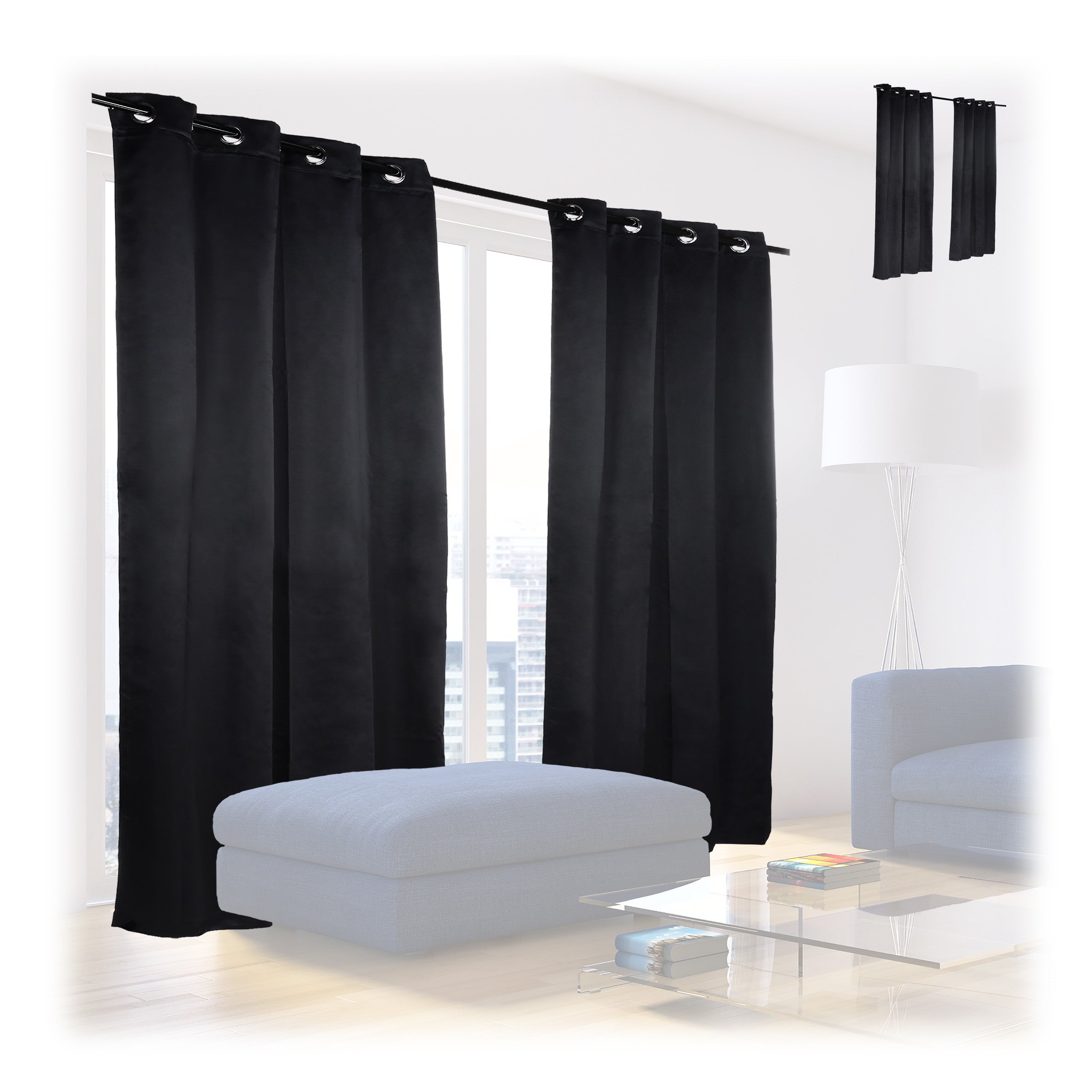 Set 4 cortinas opacas con ojales, modernas, dormitorio o salón, poliéster, 245 x 135 x 0,5 cm, negro
