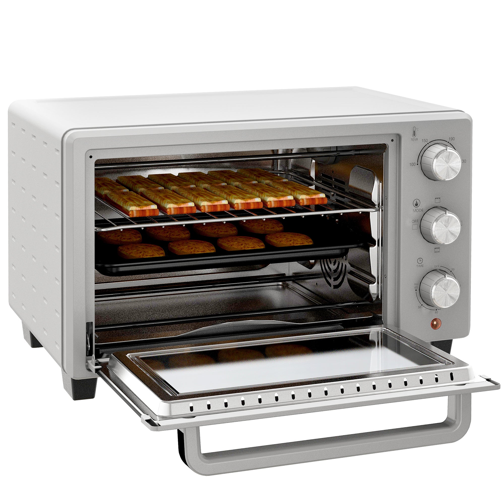 Mini horno, horno tostador de 21l con 1 rejilla y 1 bandeja de horno, 3 modos de cocción, 100°c a 230°c, acero inoxidable, vidrio, plata