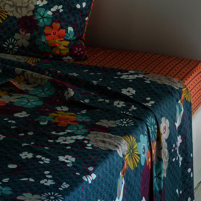 Drap coton, Miss China - Imprimé bleu canard - 240 x 290 cm