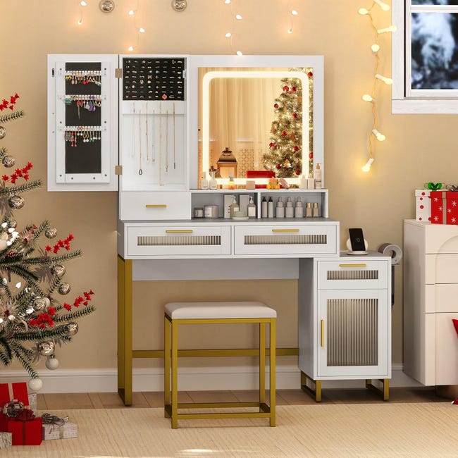 Toeletta Con Specchio E Luci LED - 6 Cassetti, 3 Ripiani - MDF Bianco - Con Sgabello Incluso - Foto 6