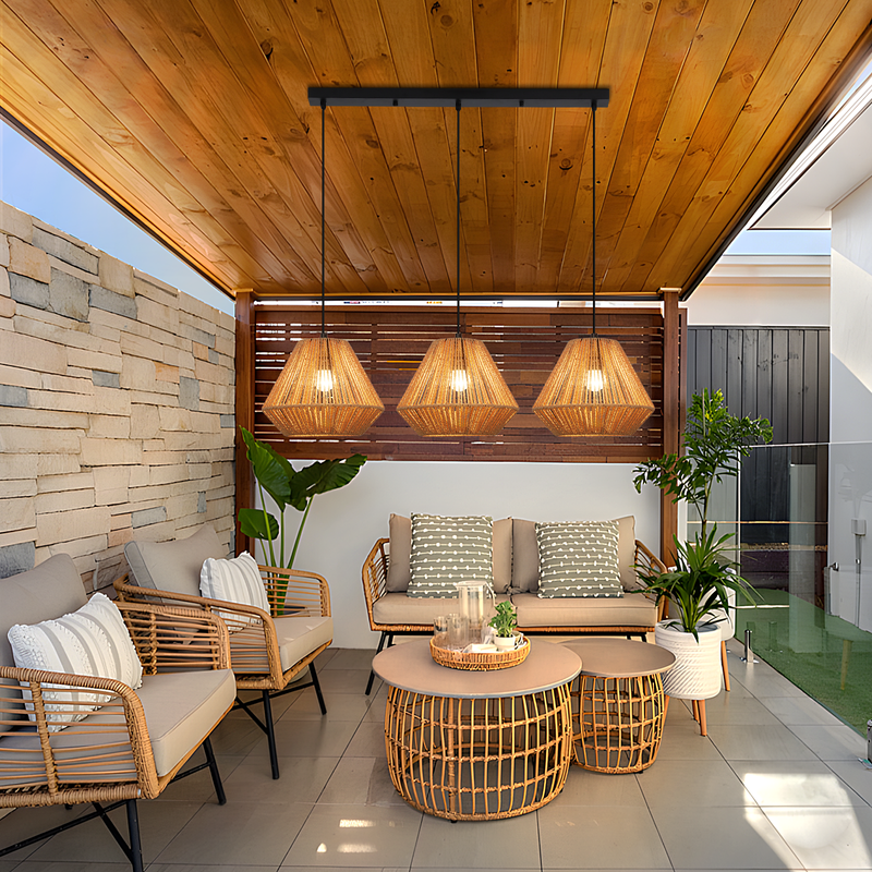 Nettlife Lampada Sospensione Boho Rattan - Lampadario 3 Luci E27, Regolabile, Stile Retrò, Tavolo Pranzo Camera (Senza Lampadina) - 3