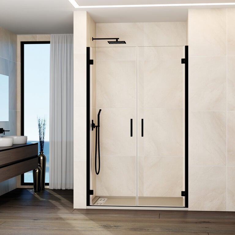 Paravan frontal GLASS 2 uși batante 85 cm (83-87; 40+40) negru sticlă transparentă
