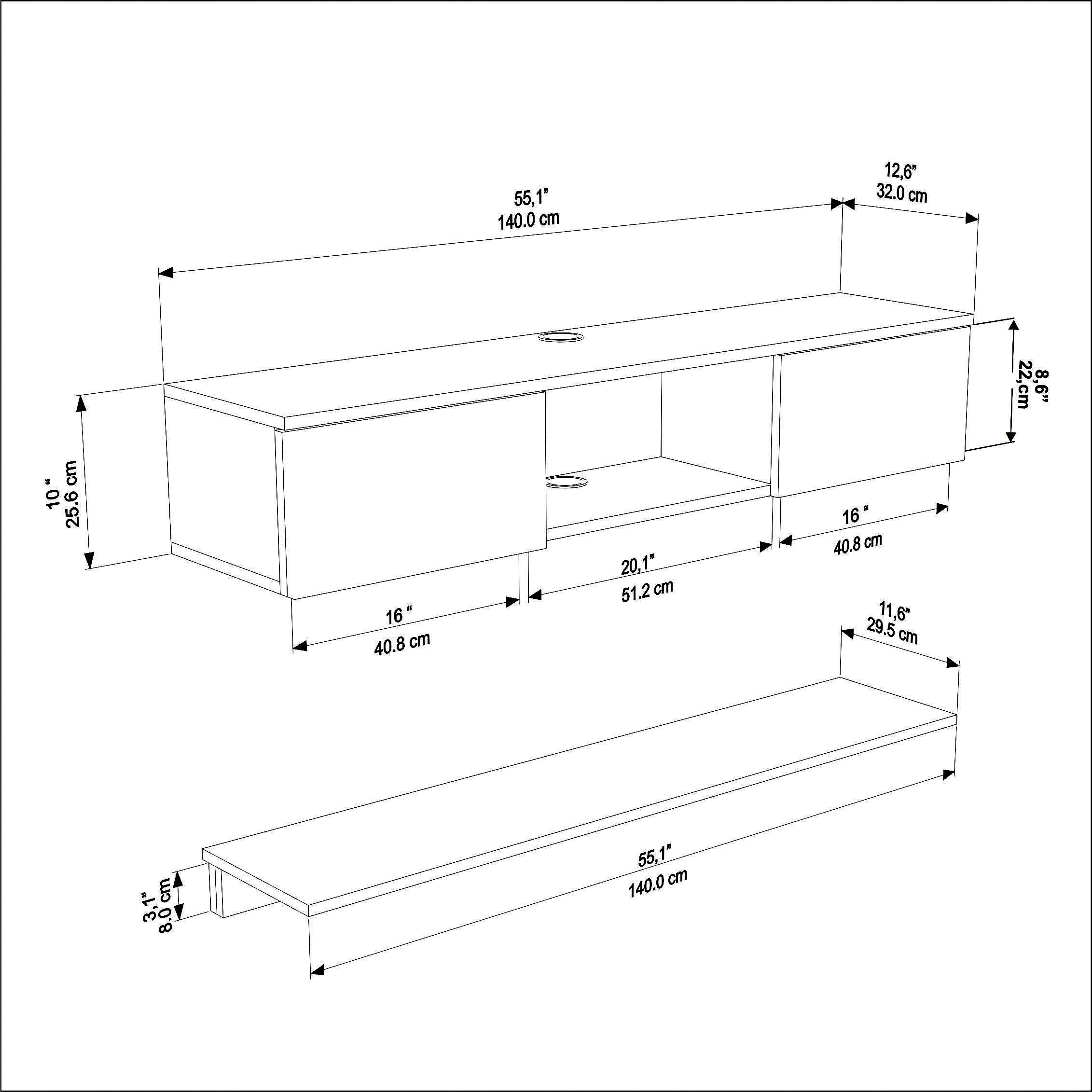 Meuble tv mural Elia flotant 140 cm - armoires - passe-cable - étagère murale incluse (noir et effet alina) - 8