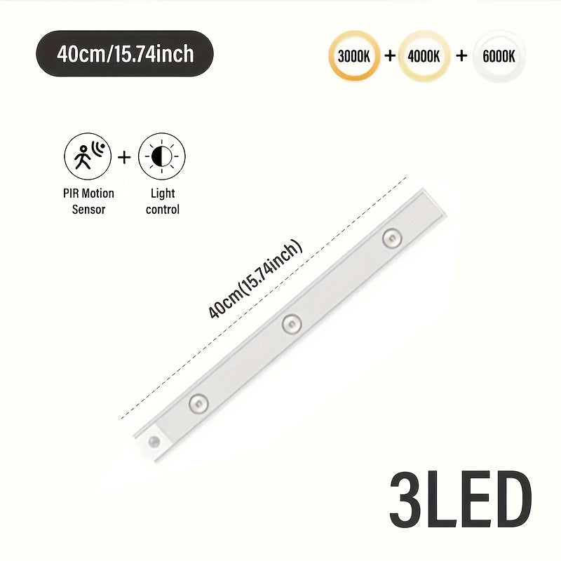 Tira de luz LED regulable de 3 colores, luz nocturna inalámbrica pequeña de 40 cm, sensor de movimiento, recargable, para cocina y armario. - 7