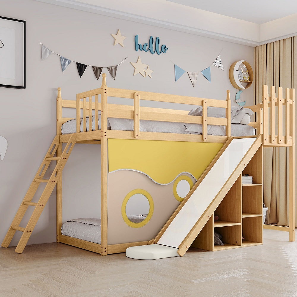 KOMHTOM Lit Superposé Cabane En Bois Avec Toboggan Et Échelle - Lit Enfant Gris Avec Clôture De Sécurité