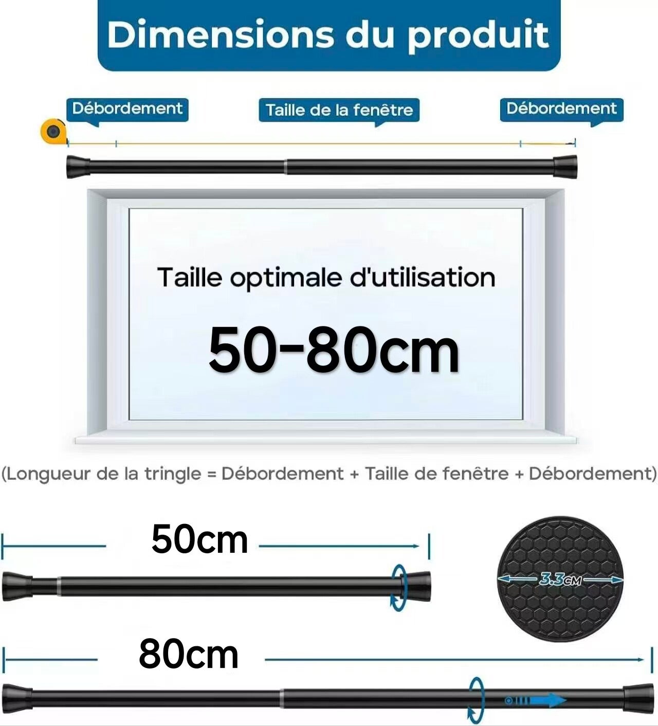 1 ensemble de tringle à rideaux télescopique sans perçage, 50-80 cm ...