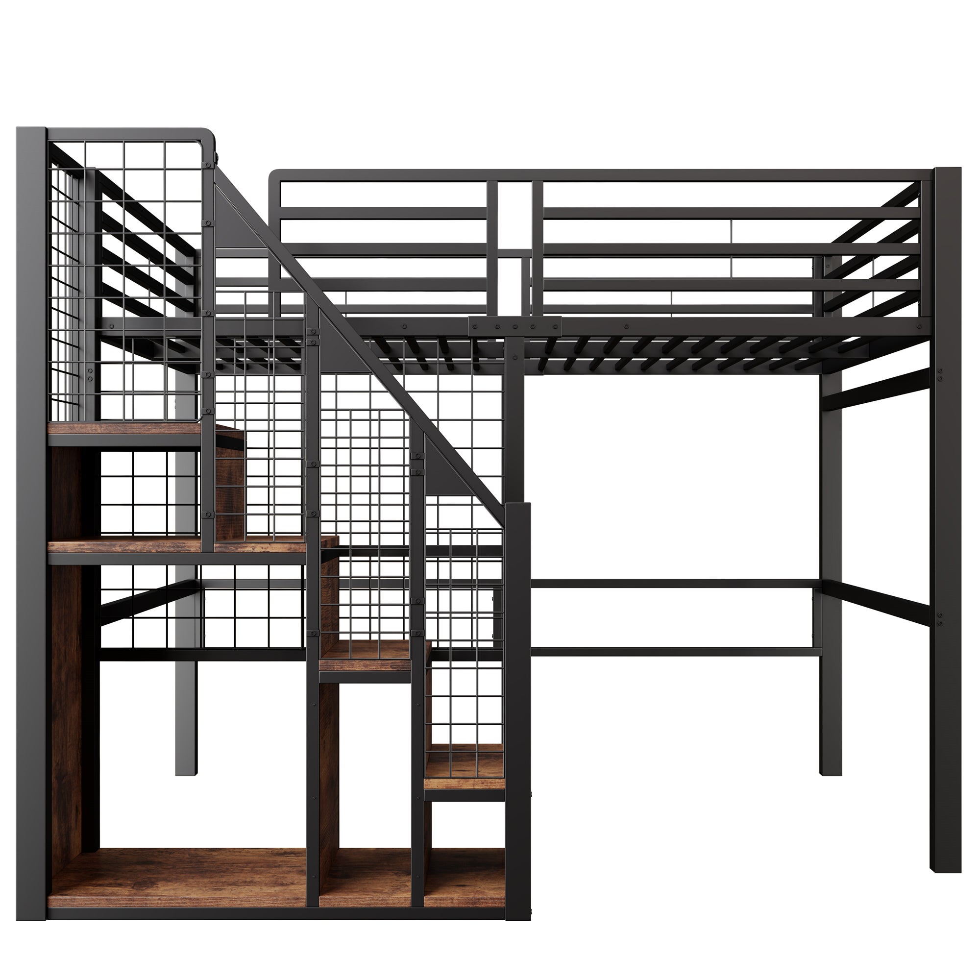 Lit mezzanine double 140×200cm, Avec espace de rangement, Lit enfant en fer, avec escalier de sécurité et garde-corps, Noir (matelas non inclus) - 8