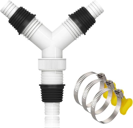 Podwójny wąż odpływowy do pralki - adapter odpływowy - podwójny adapter do węży od 20 do 32 mm - z 3 zaciskami