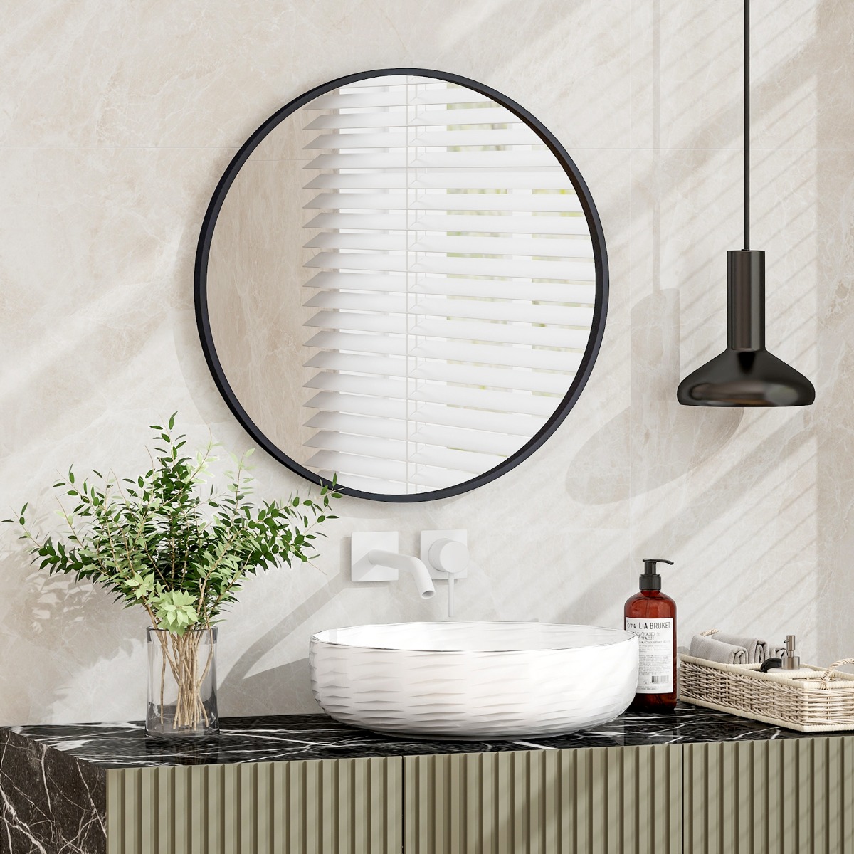 Espejo redondo de baño 61cm con marco de metal mate cepillado antioxidante para decoración minimalista csw804823