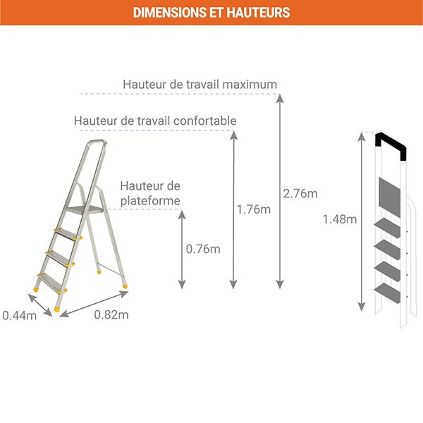 Escabeau 4 marches - Hauteur max. de travail 2.76m - 914 - 2
