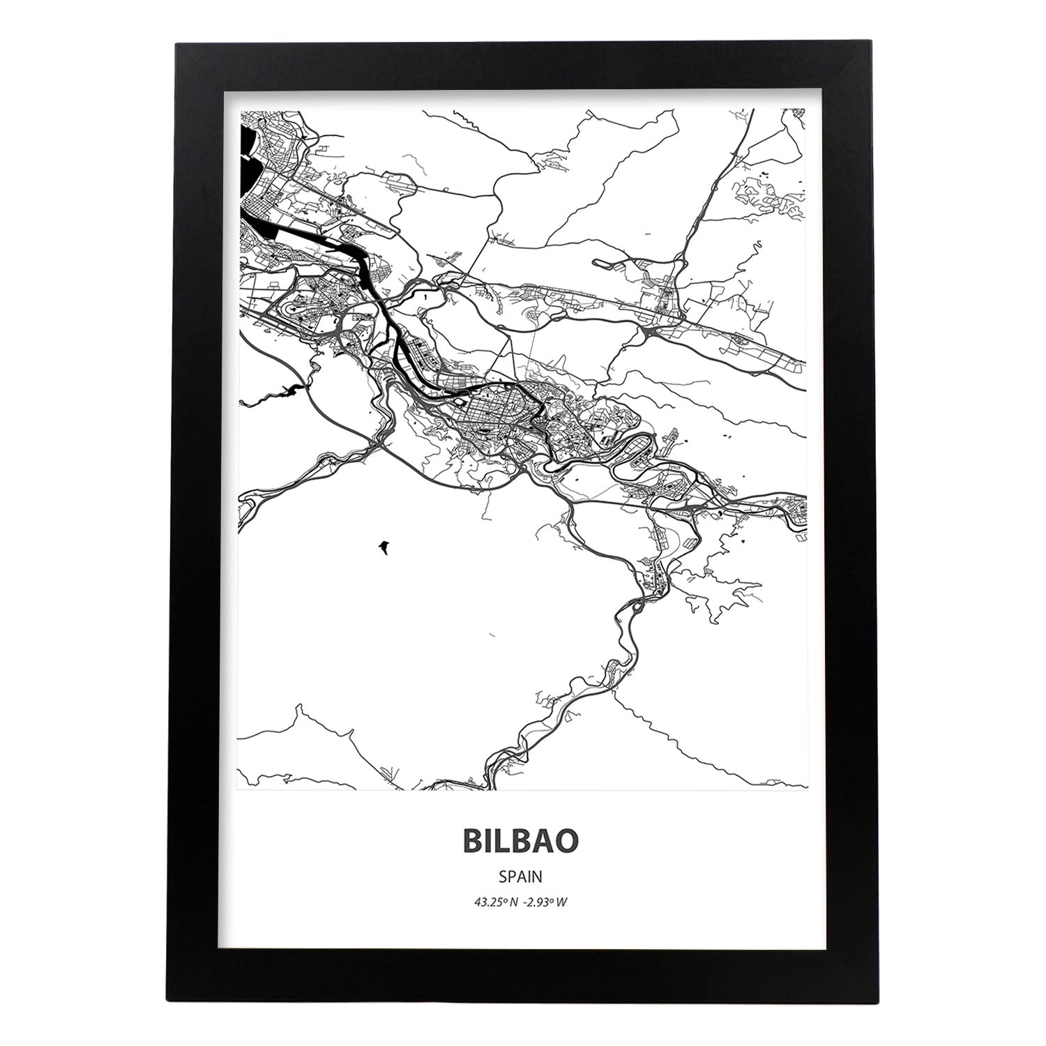 Poster con mapa de bilbao espana. láminas de ciudades de espana con mares y rios en color negro. sin marco - a3