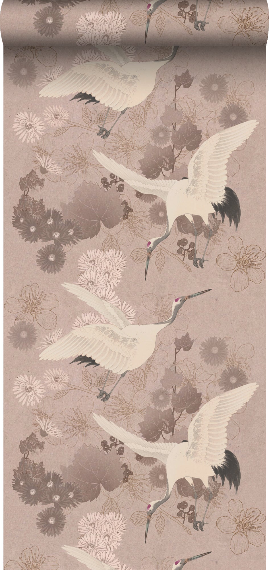 Papel pintado pájaros grulla rosa gris - 50 x 900 cm - estahome