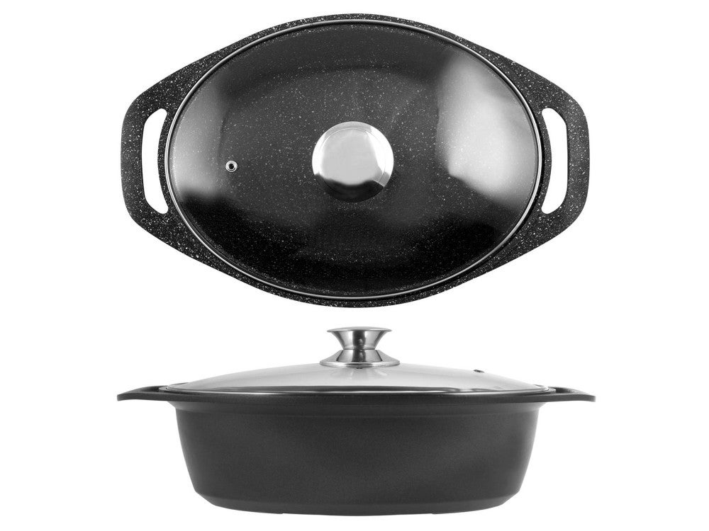 Casseruola Ovale In Alluminio Pressofuso SSW, 38x25x13 Cm, 8.5 Litri, Adatta A Induzione, Coperchio Usabile Come Padella