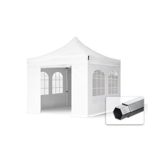 3x3m gazebo pieghevole PVC ignifugo con 4 laterali (finestre), PROFESSIONAL alluminio, bianco