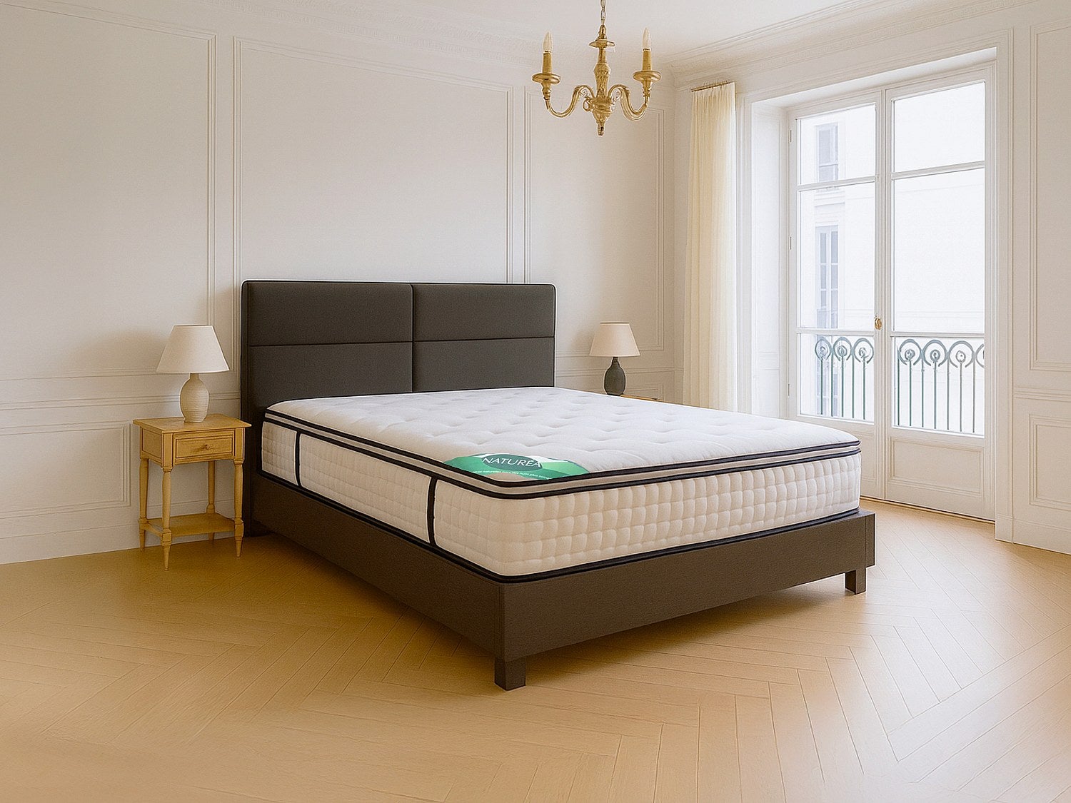 Zestaw 160 x 200 cm: stelaż tapicerowany + materac z 7-strefowymi sprężynami kieszeniowymi, wbudowanym topperem i pokrowcem bambusowym o grubości 26 c