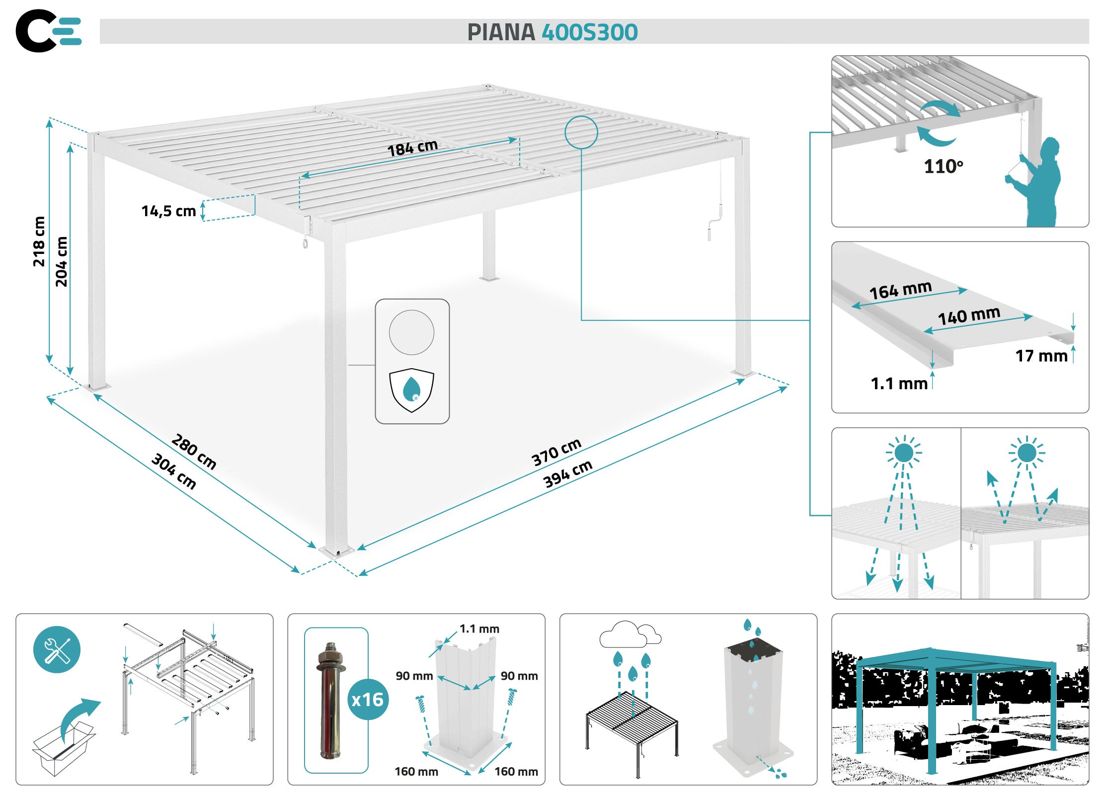 Pergola bioclimatica autoportante in alluminio bianco PIANA 4x3m - 2