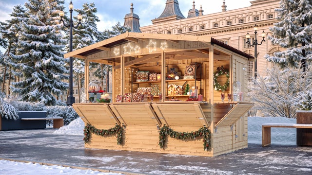 Casita de jardín de madera, Puesto de mercado de madera, Puesto de venta grande con mostrador, CINCO VENTANAS, H232x336x263 cm/6m2 - TIMBELA M150B