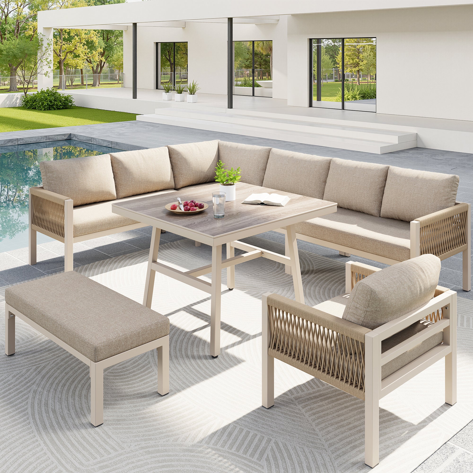 Canapé de jardin en forme de L, jusqu'à 8 personnes, armature en fer avec revêtement, résistant aux intempéries, beige - 2