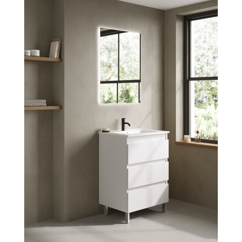 Conjunto MUEBLE de Baño con 3 Cajones + LAVABO 【ANCHO 60】 【BLANCO BRILLO】 - 2