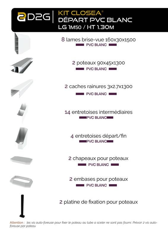 KIT DEPART CLOTURE PVC BLANC Long. 1M50 Haut. 1M30 - idéale pour jardin, balcon et terrasse - coupe-vent - brise vue occultant. - 4