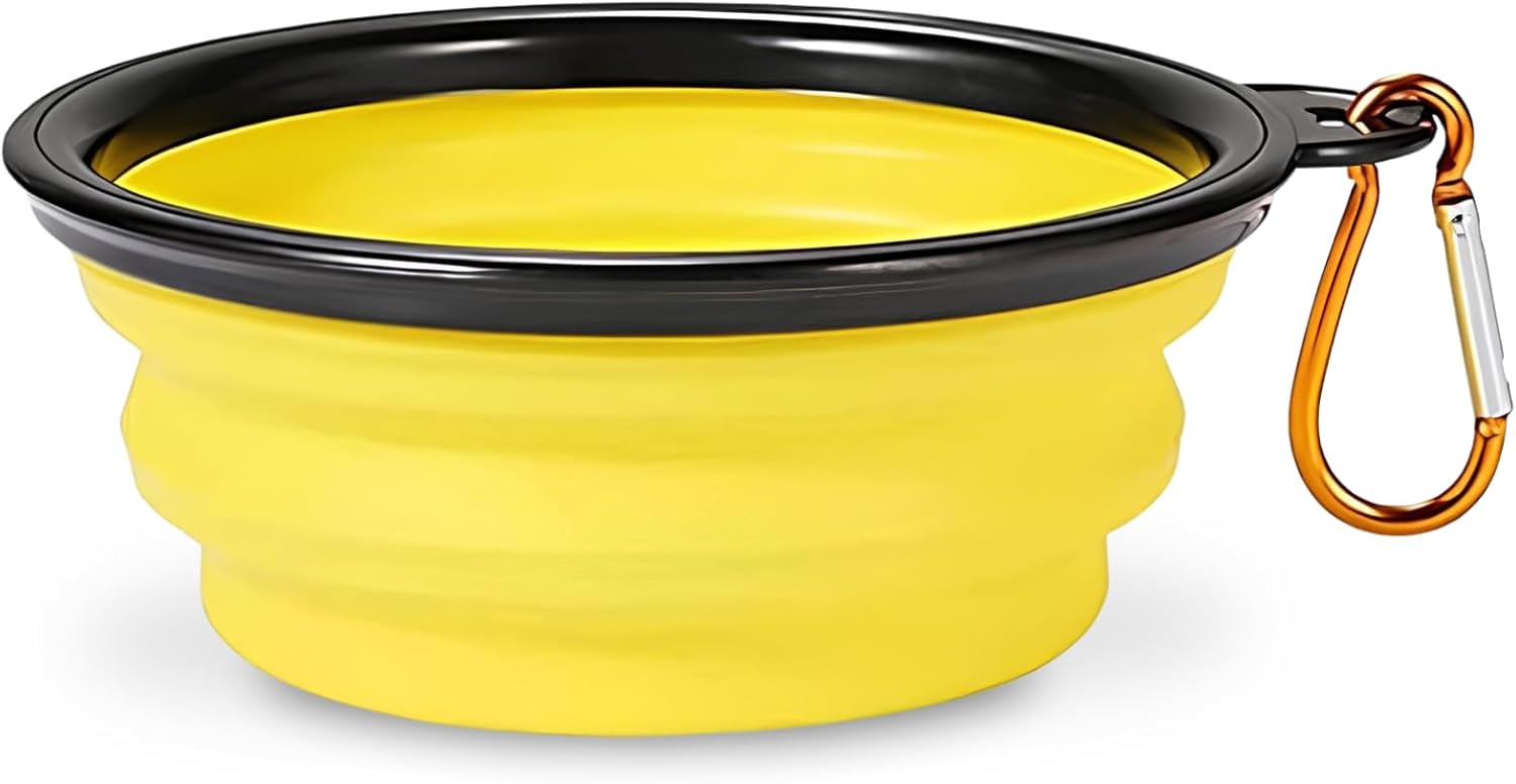 żółta składana miska podróżna dla psa o średnicy 16 cm na wodę i karmę, przenośna silikonowa miska z karabińczykiem