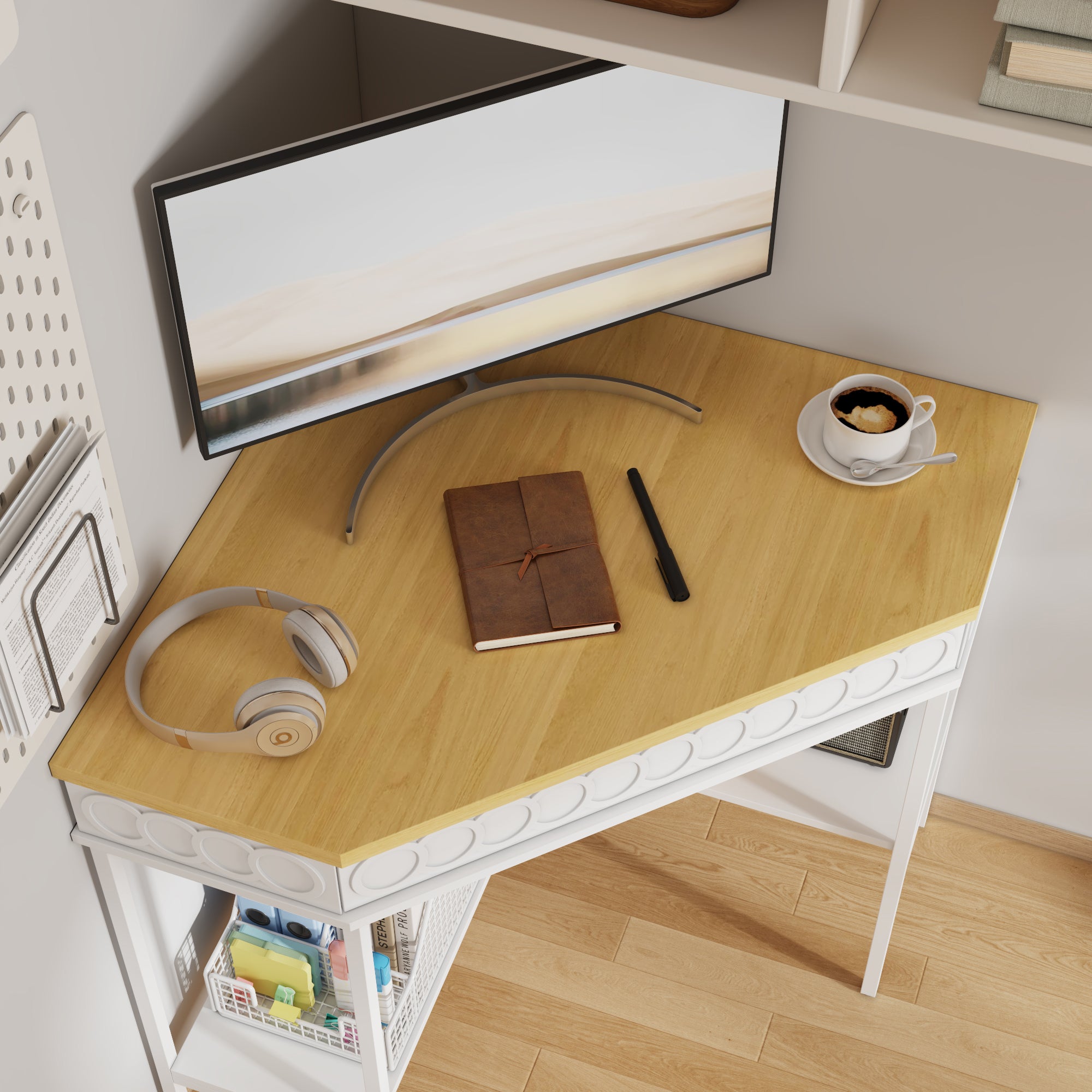 Bureau d’Angle Sculpté avec Tiroir Pivotant et étagères, Bureau Informatique avec Aspect du Bois et Pied en Métal, 80x80x82, Blanc - 3