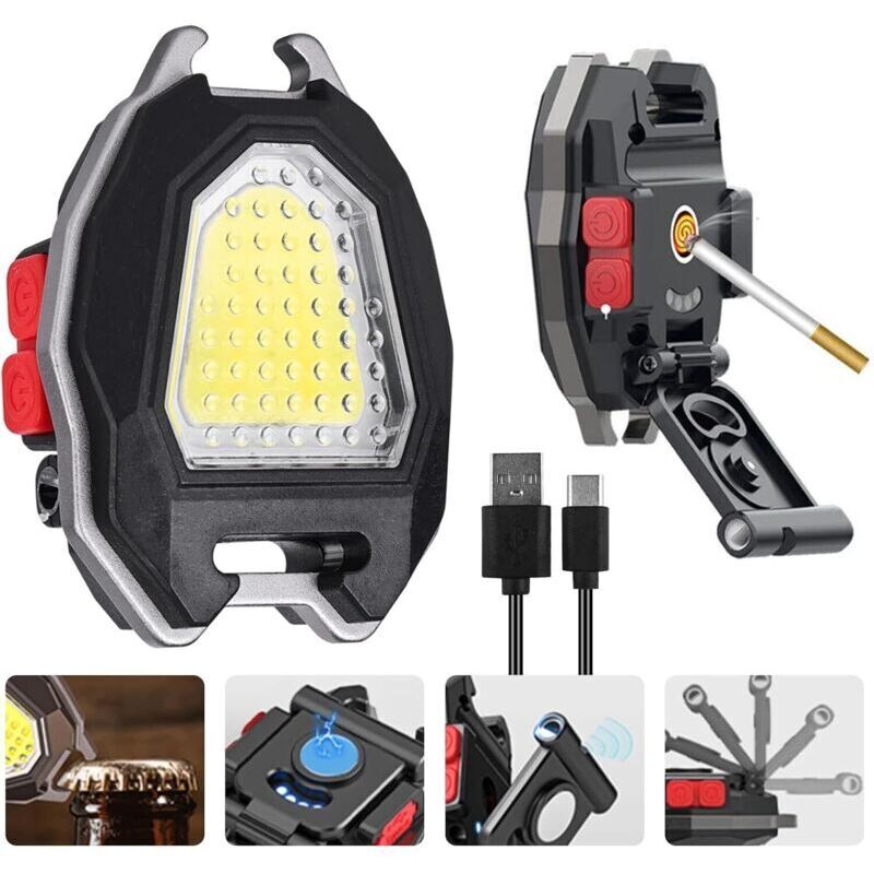 Breloc cu lumină de urgență LED multifuncțională: Mini lanternă reîncărcabilă USB impermeabilă cu brichetă, lumină COB