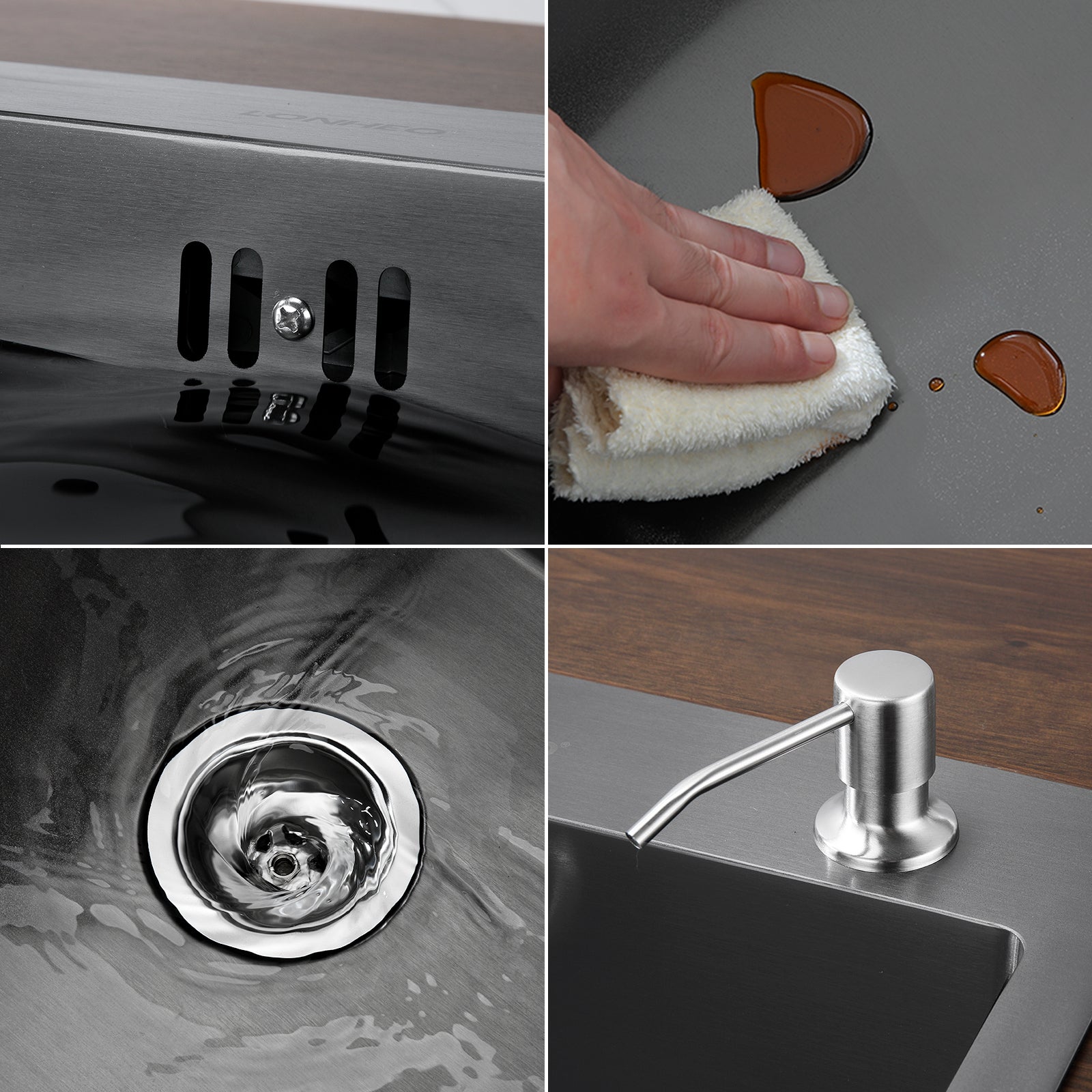 Lonheo Max Évier Cuisine 1 Bac 68x45x19CM Évier à Encastrer en Acier Inox 201 avec Distrubuteur de savon et Égouttoir panier, Noir,EU Modèle - 2