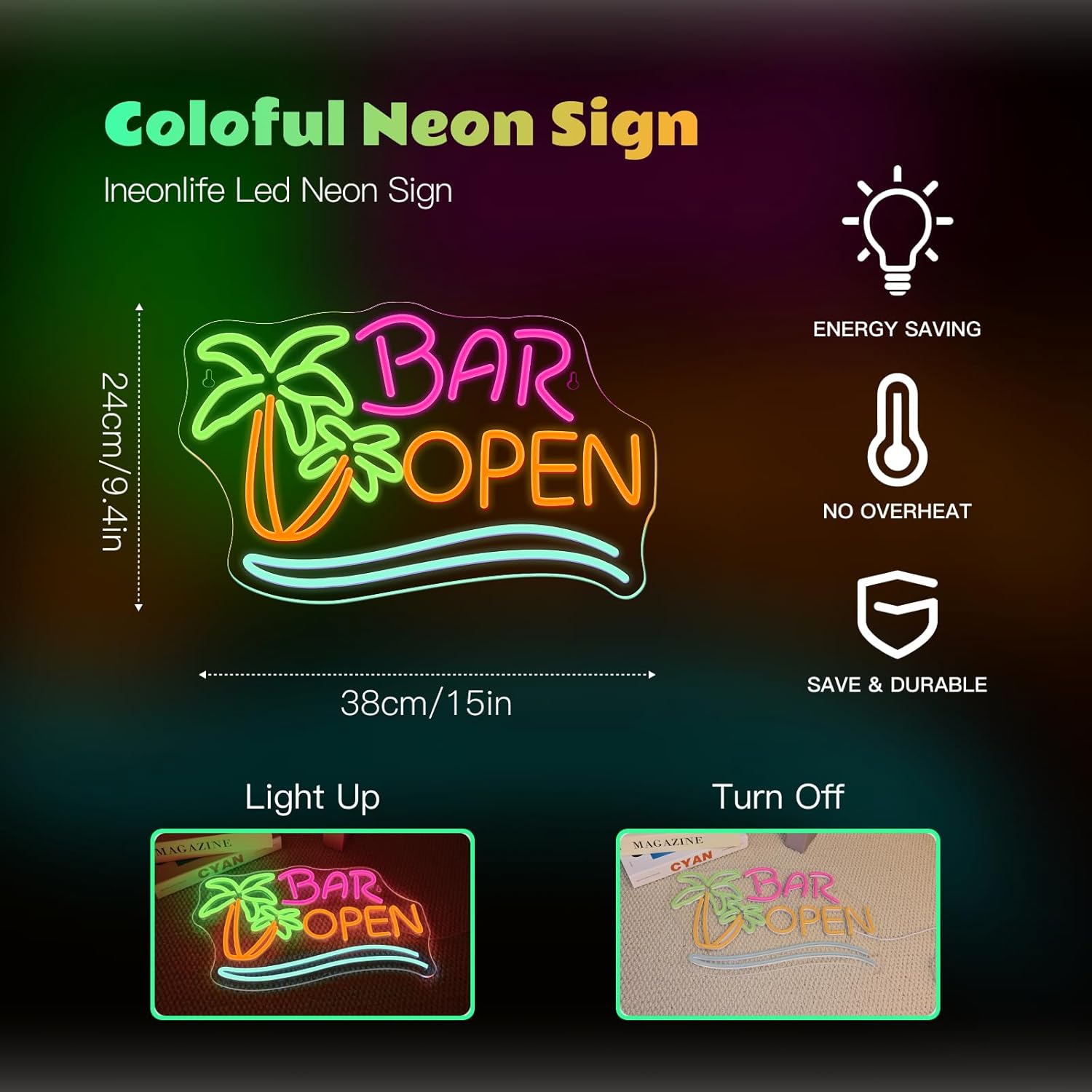 Enseigne lumineuse néon «&nbsp;Noix de coco&nbsp;» pour bar, décoration murale, éclairage LED palmier pour bars, cafés, boutiques, hôtels, fêtes - 3