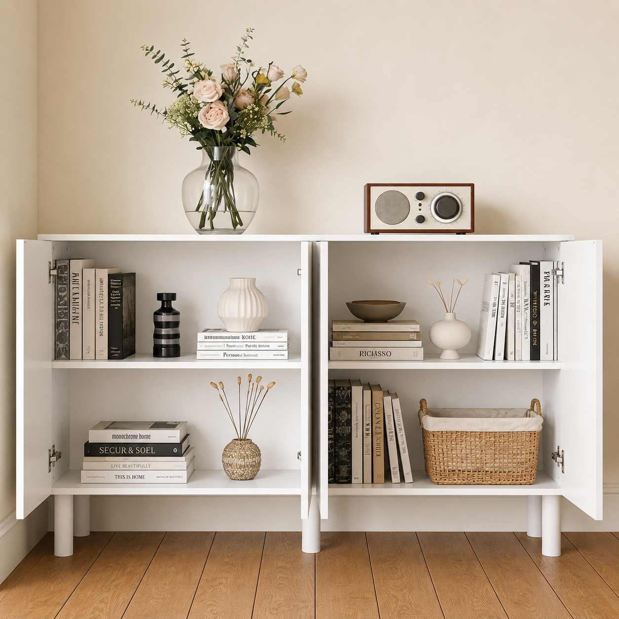 Buffet Bas avec 4 Portes et Pieds Hauts pour Salle à Manger, Meuble de Salon avec Façade Sculptée,160x40x80, Blanc - 2