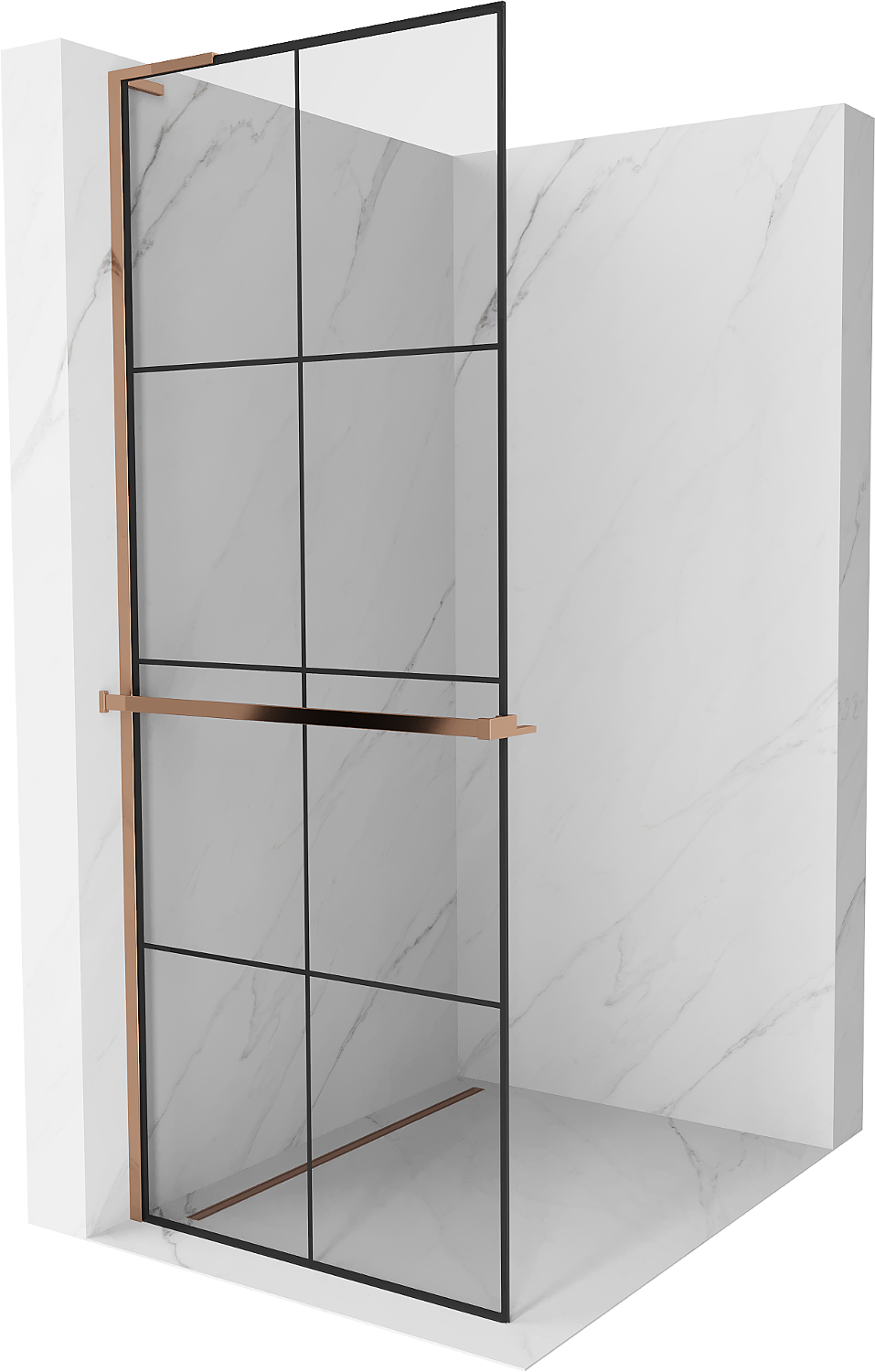 Mexen Kioto+ L ścianka prysznicowa z półką Walk-in 90 x 200 cm, czarna kratka, różowe złoto - 800-090-123-60-77
