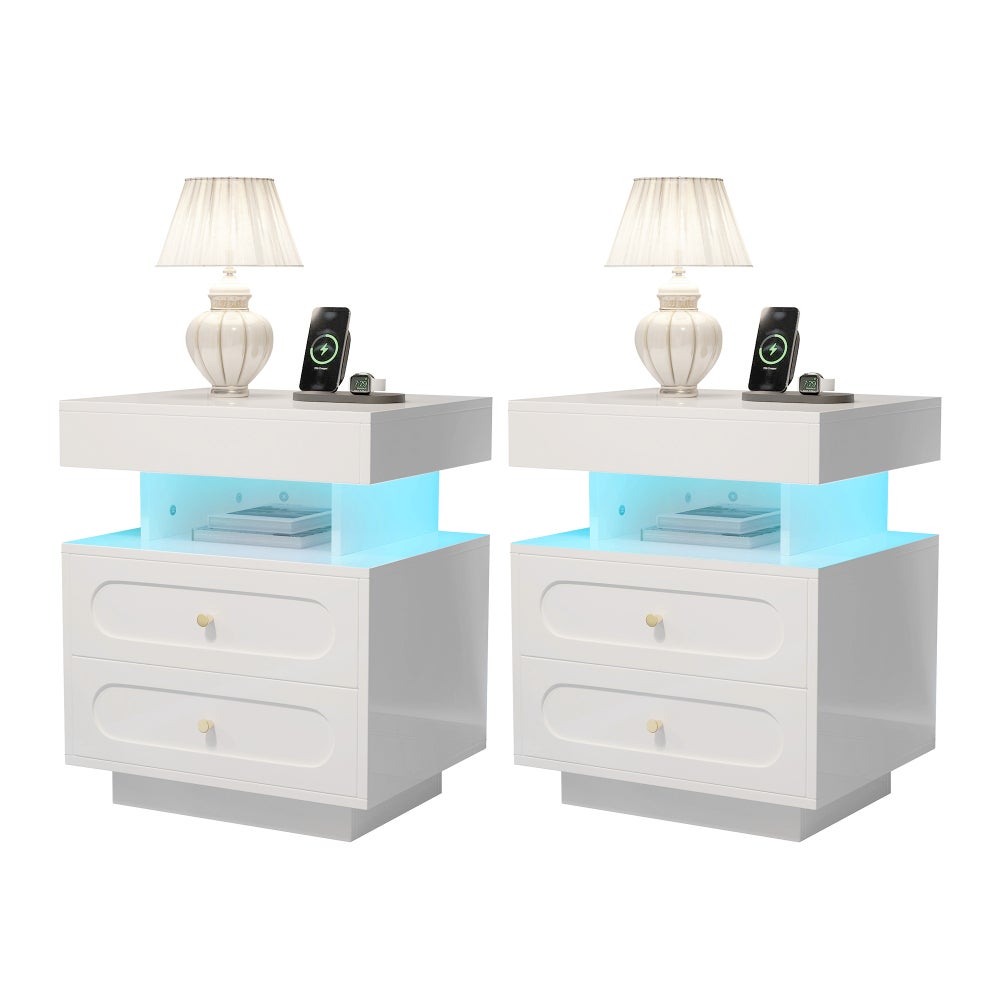 Zestaw 2 nowoczesnych stolików nocnych LED z 2 szufladami i otwartą przestrzenią do przechowywania, biały, szer. 50×gł. 40×wys. 60 cm