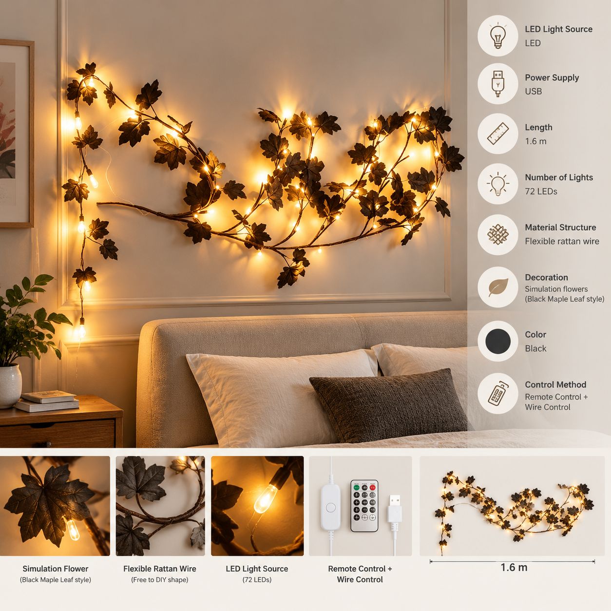 Guirnalda LED Decorativa Flexible 1,6m 72 Luces con Mando a Distancia y ...