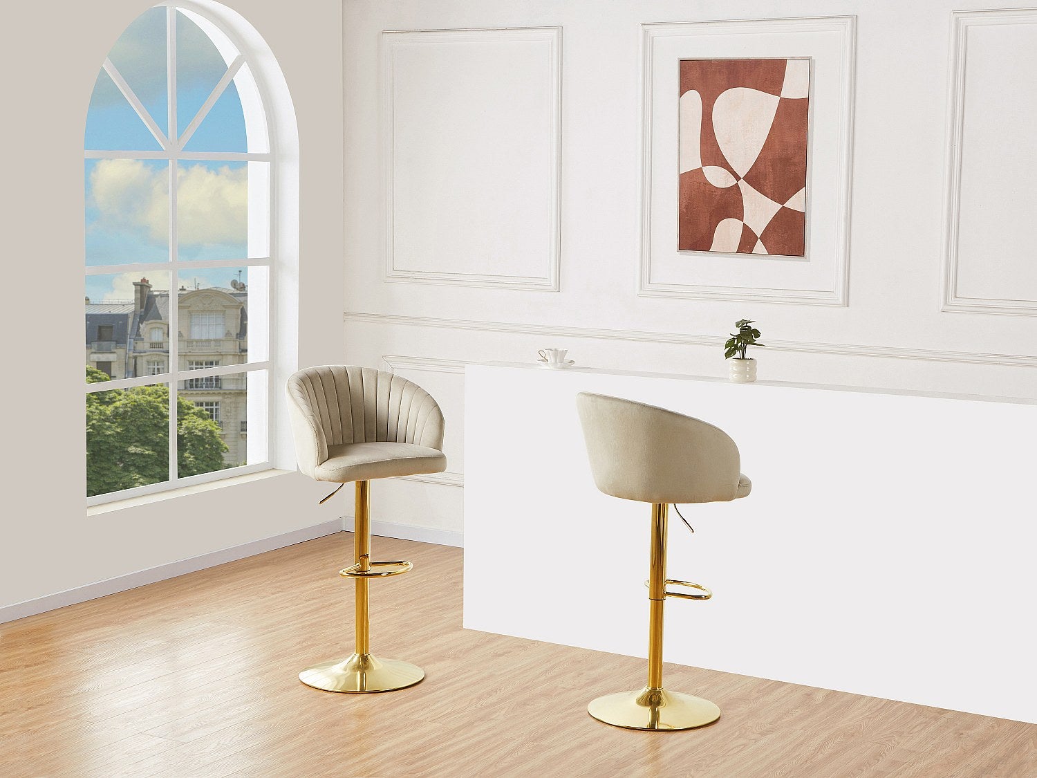 Zestaw 2 stołków barowych z weluru i złotego metalu - Regulowana wysokość - Beżowy - DORALIZ