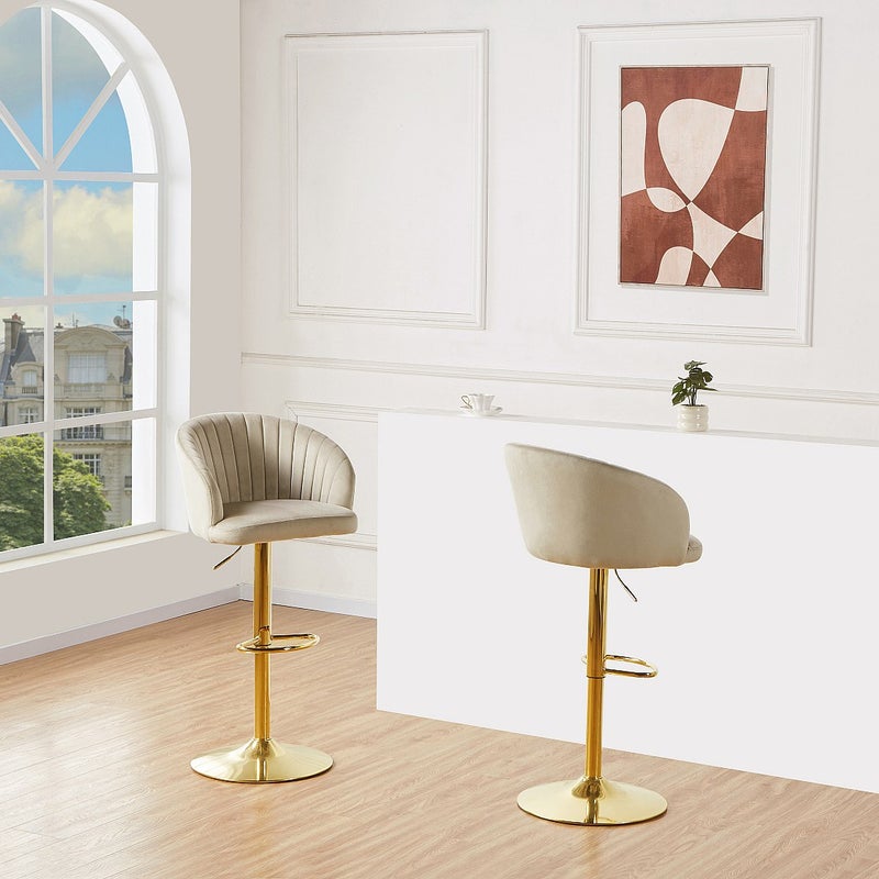 Zestaw 2 stołków barowych z weluru i złotego metalu - Regulowana wysokość - Beżowy - DORALIZ