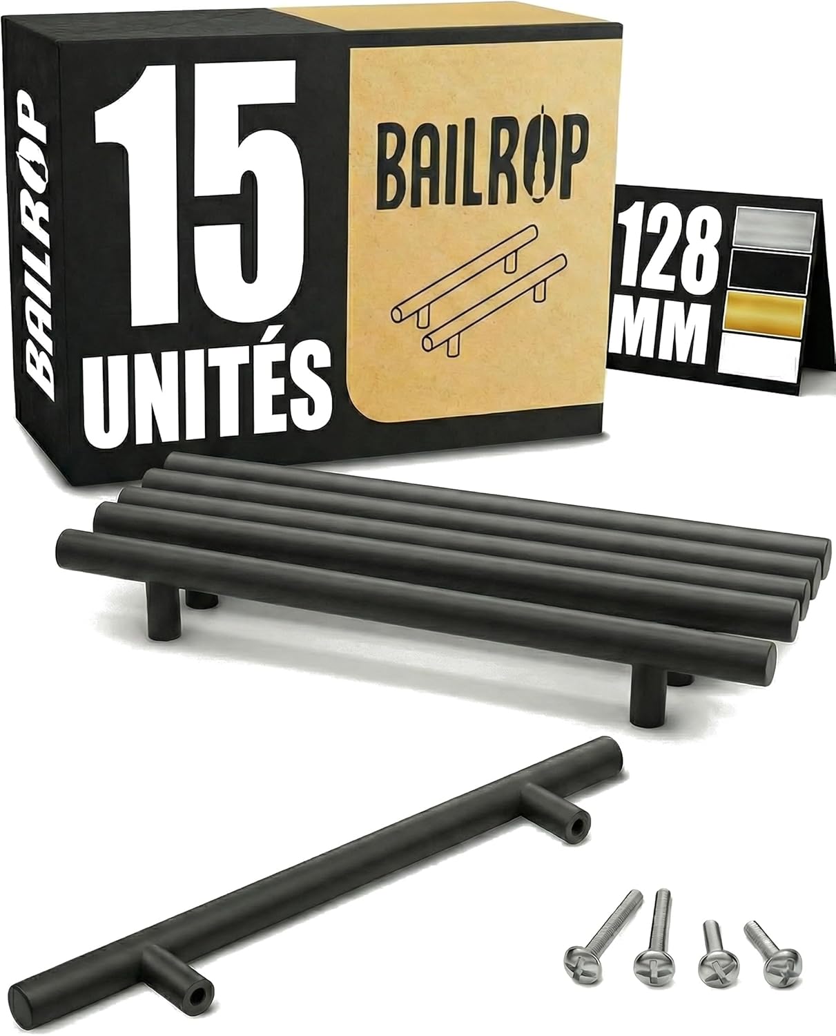 Mâner negru pentru dulap de bucătărie 128 mm - Mâner negru pentru mobilă din oțel inoxidabil - Mâner pentru ușă de bucătărie și dulap 15 bucăți