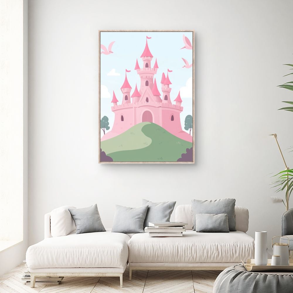 Tableau imprimé et encadré pour enfants 'Château féerique' / 100x140cm / Cadre Effet naturel / Fabriqué en France / Toile murale / DADA ART - 2