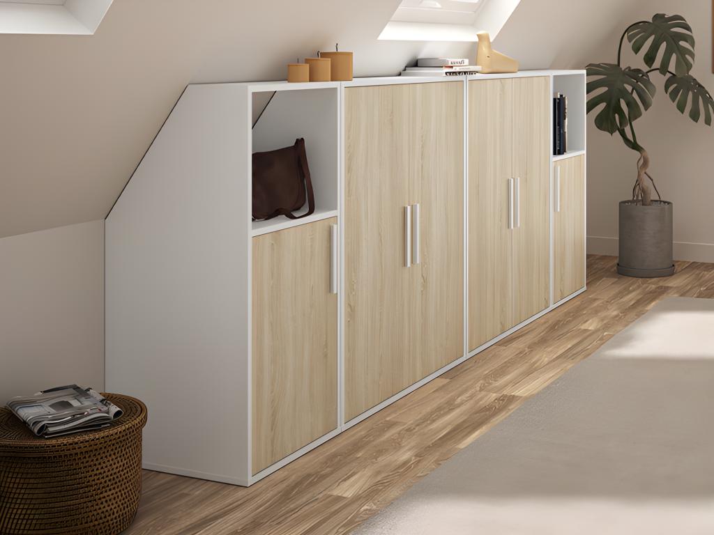 Meuble sous pente 6 portes et 2 niches - Blanc et naturel - ADEZIO ...