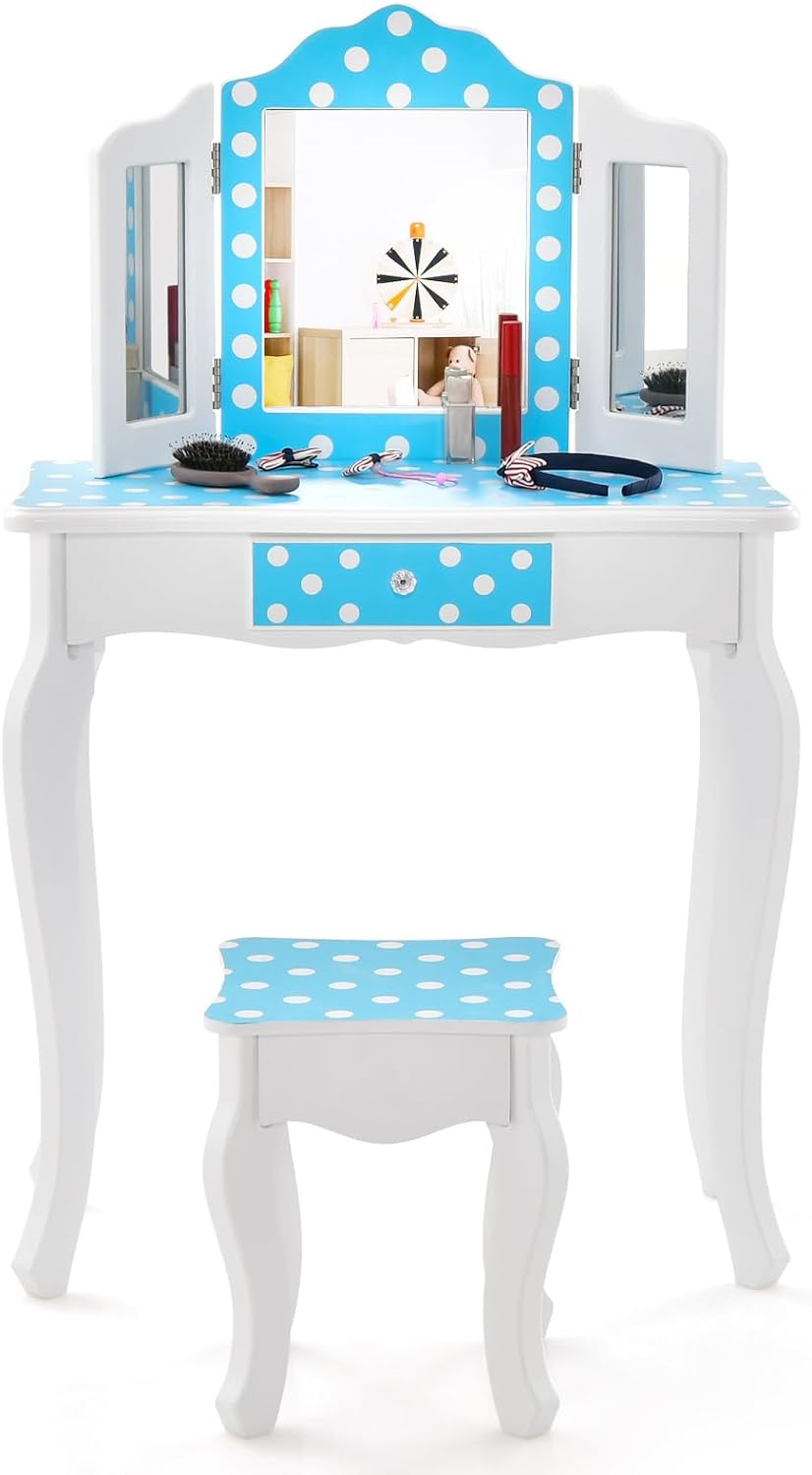 Toeletta Trucco Bambina COSTWAY Con Specchio E Sgabello - Scrivania Beauty In Legno Per Cameretta