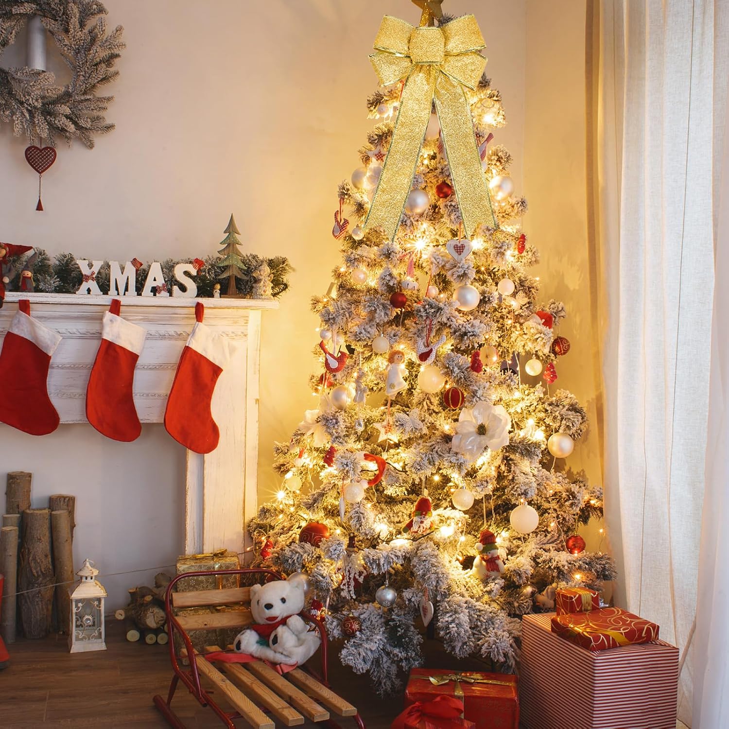 Fiocchi natalizi dorati per decorazioni da esterno - Grande fiocco di paillettes con bordo dorato scintillante per la decorazione della porta d'ingres - 5