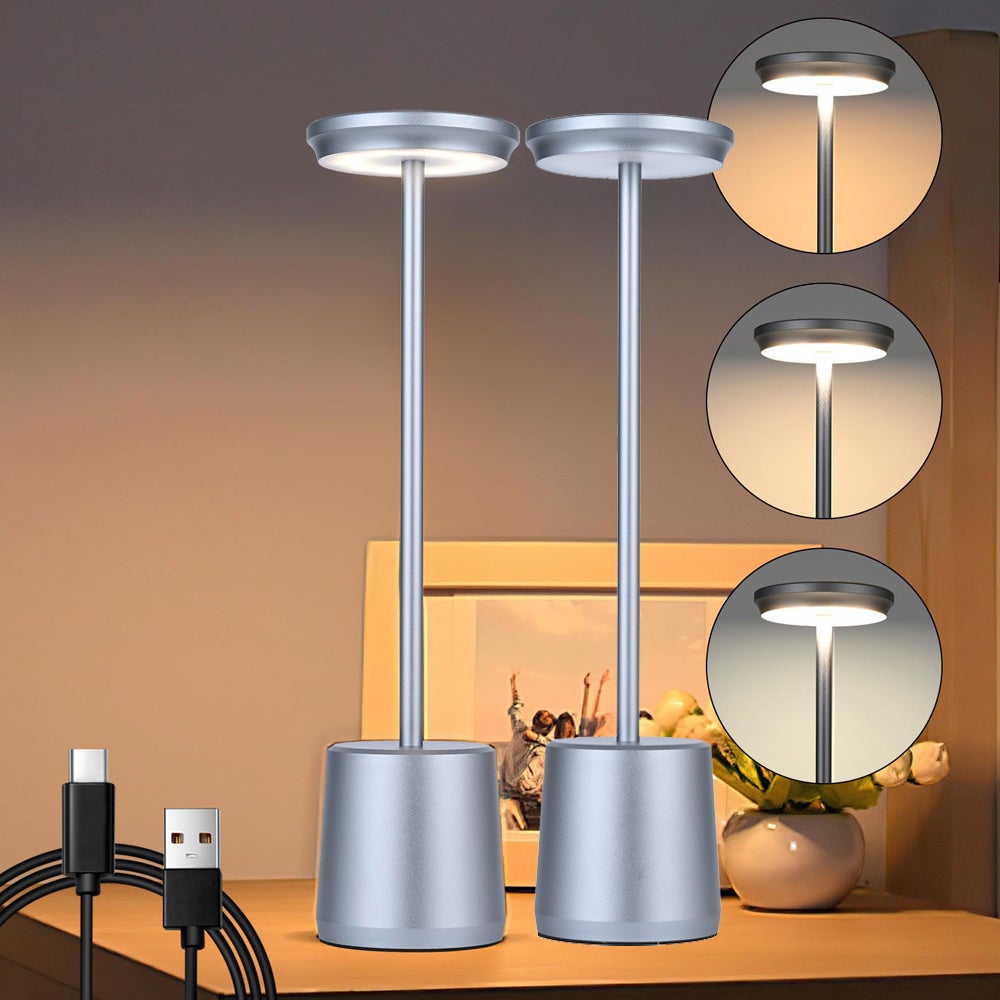 Bezprzewodowa lampa stołowa z możliwością ładowania, ściemnialna lampka nocna, 3 kolory, lampa biurkowa do jadalni, biura, szara, zestaw 2 szt.