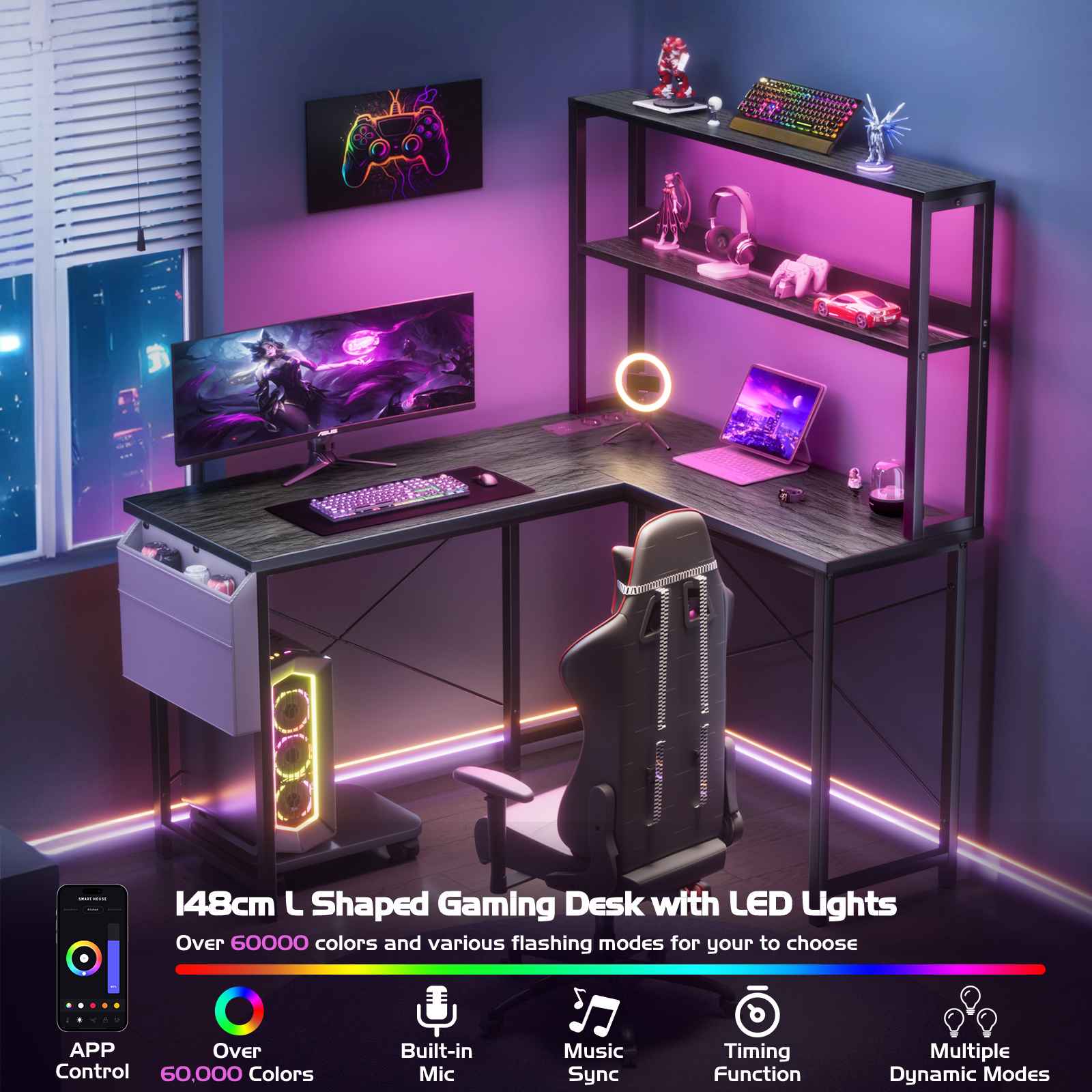 Bureau Gaming L-Forme 148cm avec LED, 3 Prises AC + 2 Ports USB, Étagères à Double Niveau, Réversible - 8