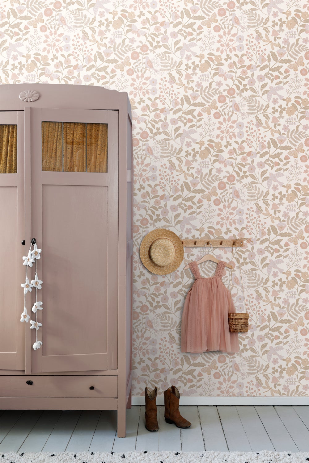 Papier peint fleurs et oiseaux blanc, beige et rose clair - 53 cm x 10.05 m - ESTAhome - 4