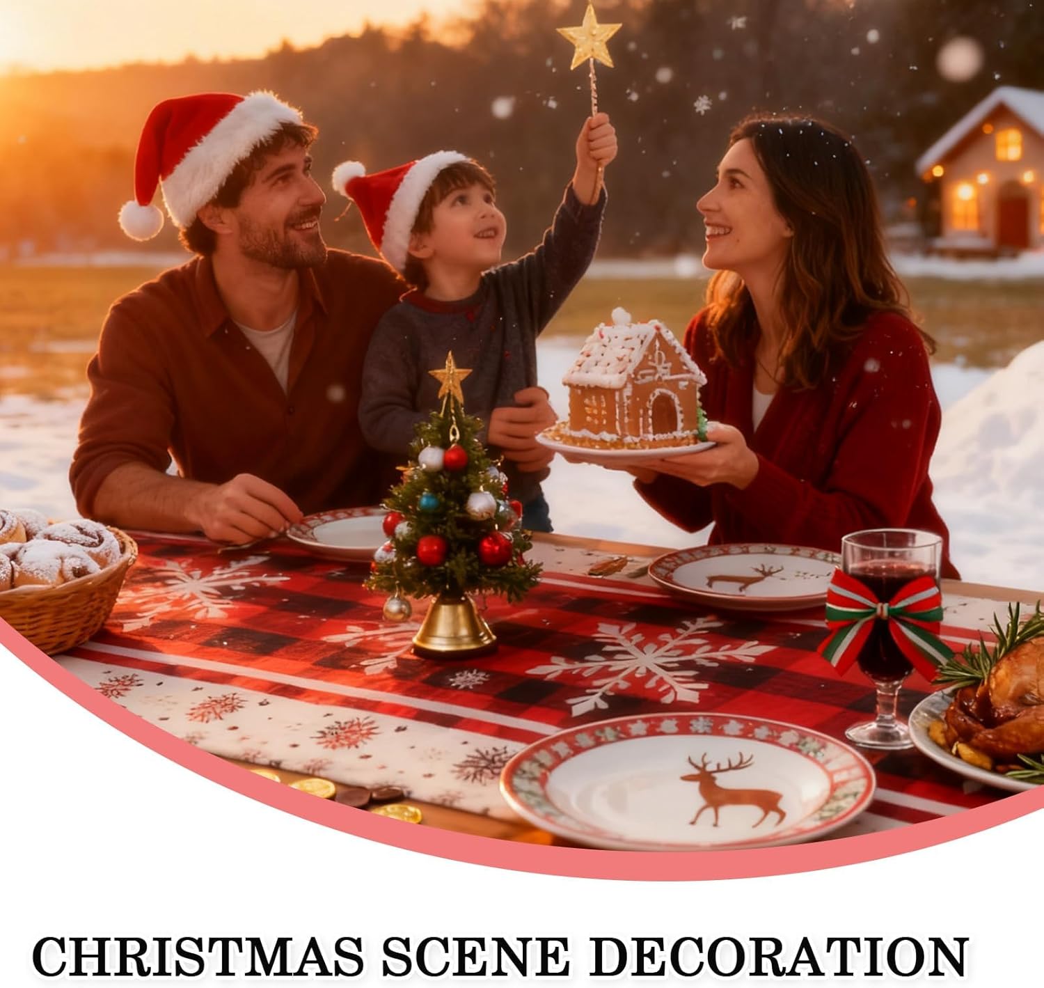 Runner da tavola natalizio rosso, 33 x 120 cm, misto lino e cotone, motivo a fiocco di neve – rosso - 4