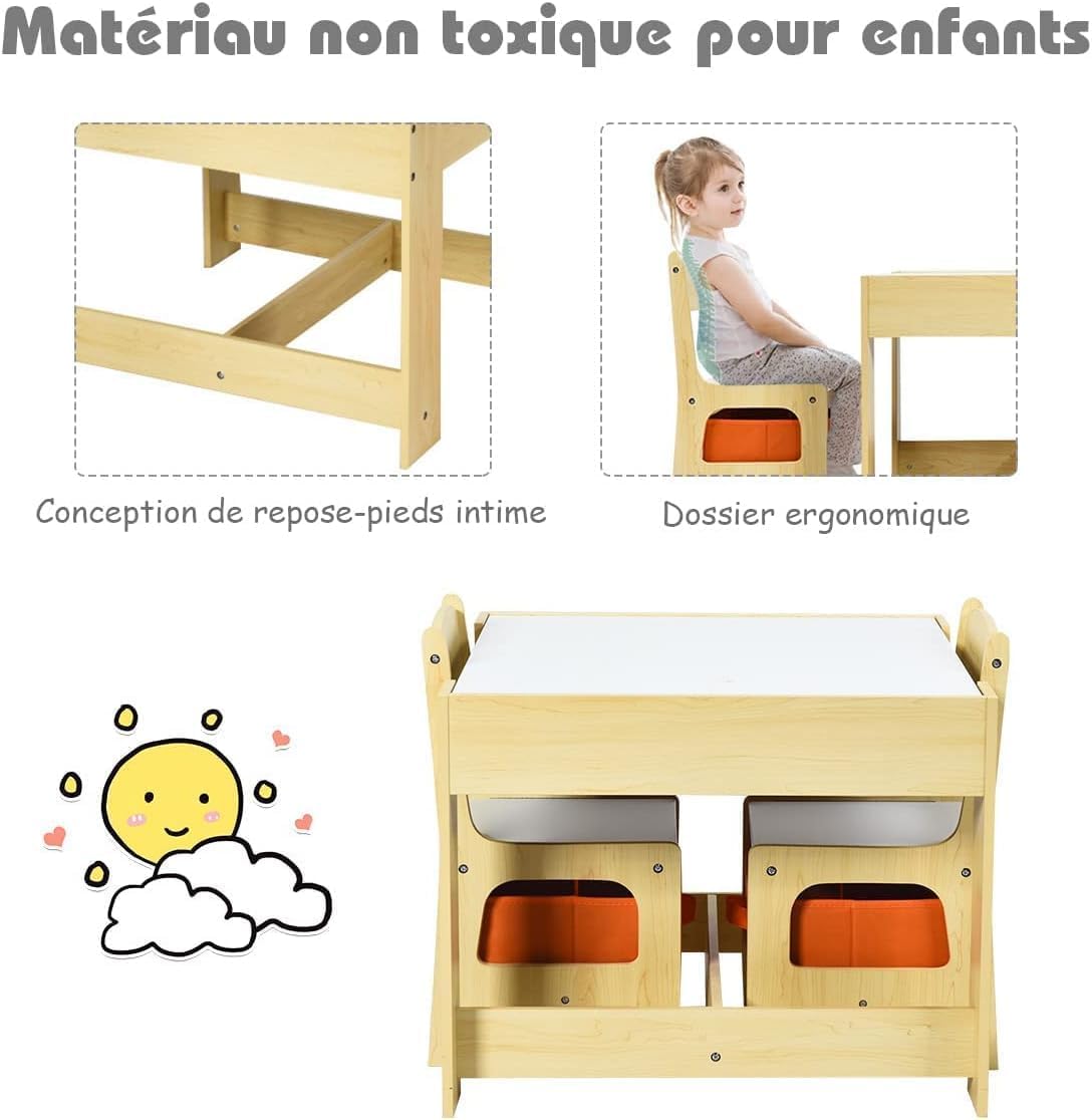 Ensemble Table et Chaises Enfant, Table Transformable 3-en-1 Multifonctionnel à Double Face, 2 Chaise avec Tiroir de Rangement, Naturel - 6
