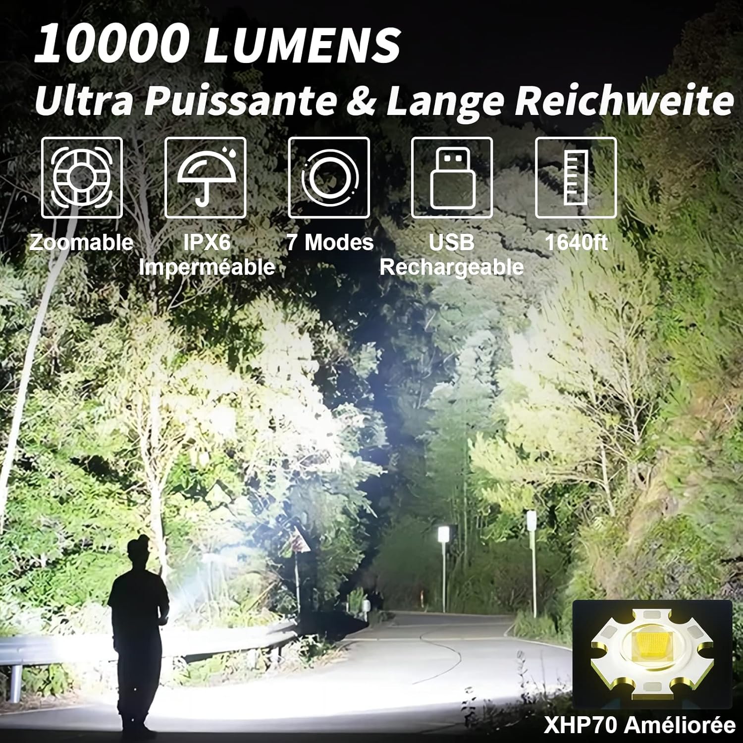 Lampe de poche LED ultra puissante, 10 000 lumens rechargeable, lampe de poche tactique militaire puissante, étanche IPX6, 7 modes d'éclairage pour le - 2