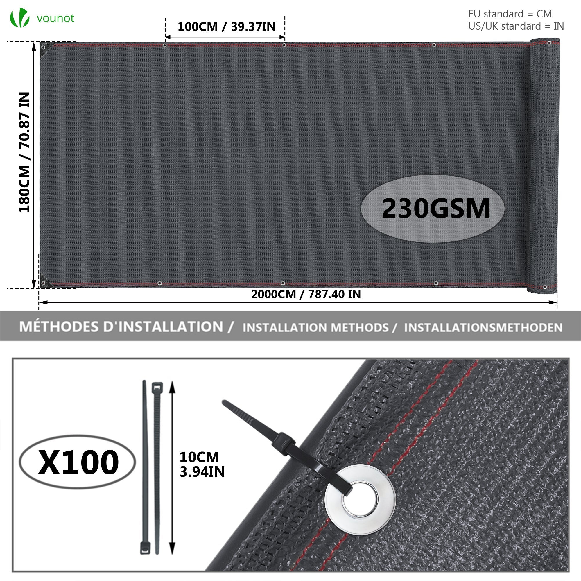 Brise vue occultant en HDPE 230g/m² 1.8x20m avec attaches de fixation anthracite VOUNOT® - 2