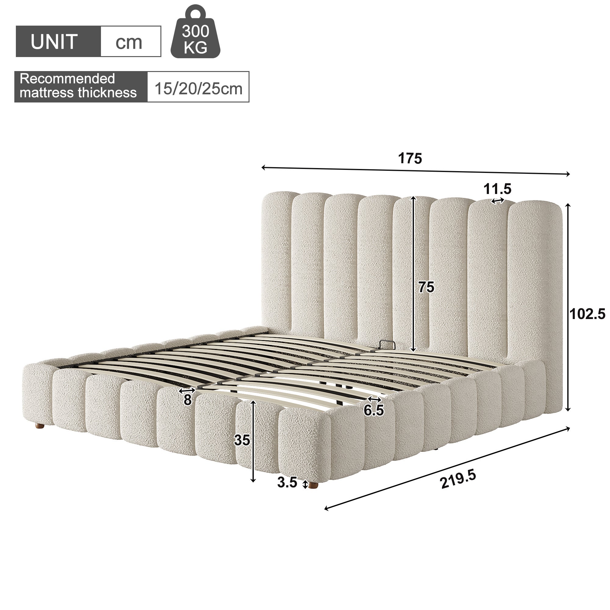 Lit Coffre 160x200 cm avec Hydraulique Rangement, lit capitonnée avec sommier à lattes, lit double en Tissu, blanc (Sans Matelas) - 3